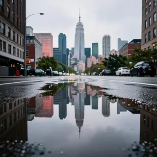A city skyline reflected in a rain puddle on a street, with 