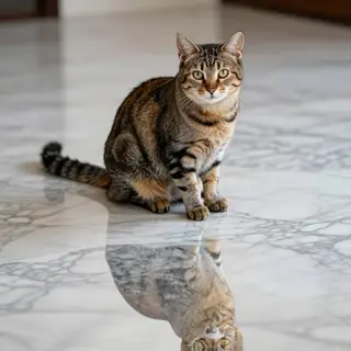 A cat sitting on a polished marble floor with its reflection