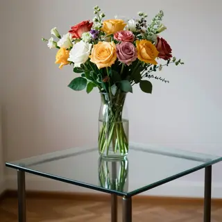 A vase of flowers on a glass table with a clear reflection v