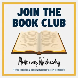 A book club poster with an open book illustration, the title