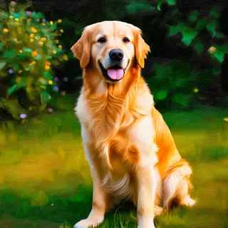 A golden retriever sitting in a garden, painted in the style