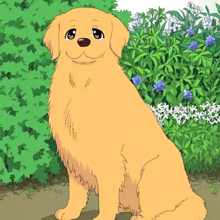 A golden retriever sitting in a garden, rendered in Japanese