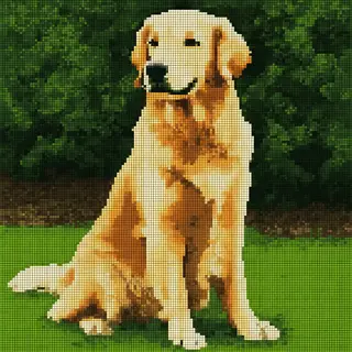 A golden retriever sitting in a garden, rendered in pixel ar