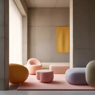 An interior scene rendered in soft brutalism — raw concrete 