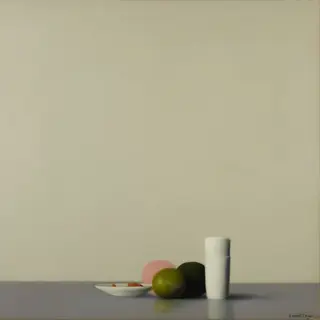 A still life painted in anxious minimalism — sparse composit
