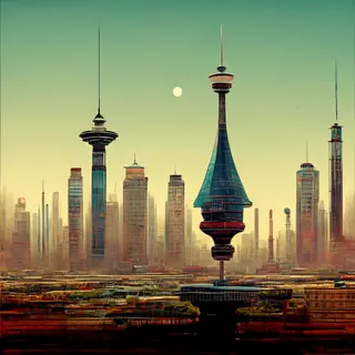 A cityscape rendered in nostalgic futurism — retro-futuristi