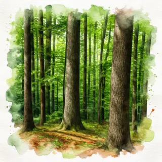 A forest rendered in photorealistic watercolor — the detail 