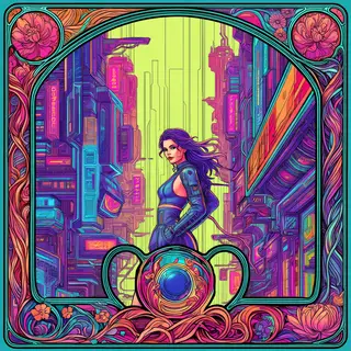 A woman in a futuristic city rendered in cyberpunk Art Nouve