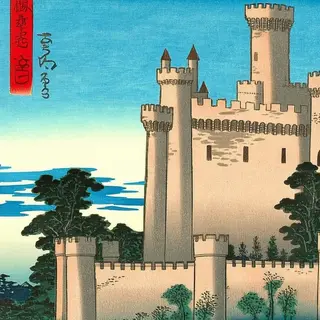 A medieval castle depicted in Japanese ukiyo-e woodblock pri