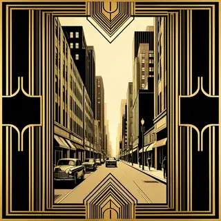 A city street scene in the style of Art Deco — geometric sha
