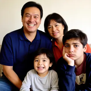 A family photo with four people: a father beaming with pride