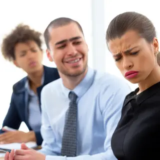 Three coworkers in a meeting: one looking frustrated with fu