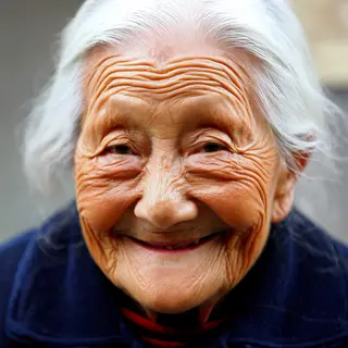 An elderly woman in her 80s with deep wrinkles and white hai