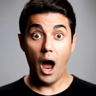 A portrait capturing genuine surprise — raised eyebrows, wid