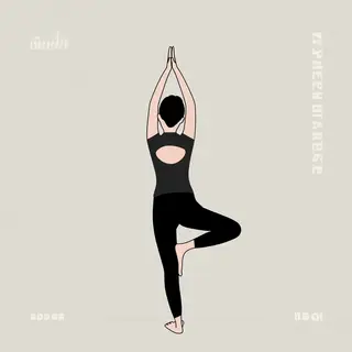 A person in a yoga tree pose — standing on one leg with the 