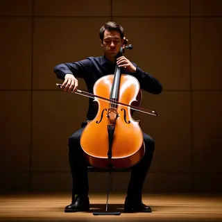 A cellist seated with correct posture, legs around the instr