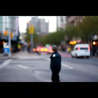 A street photograph with shallow depth of field as if shot a