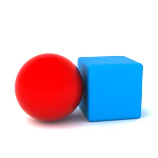 A red ball and a blue cube sitting side by side on a white s
