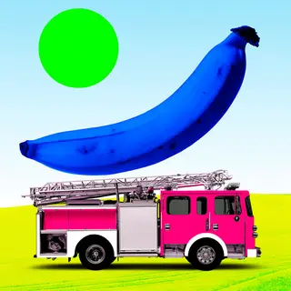 A pink fire truck, a blue banana, and a green sun in a surre