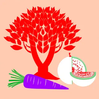 A purple carrot, a red tree with red leaves, and a white wat