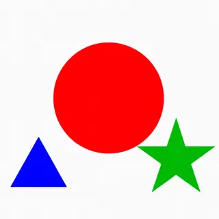 A large red circle, a small blue triangle, and a medium gree