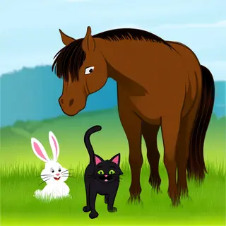 A big brown horse, a small white rabbit, and a medium-sized 