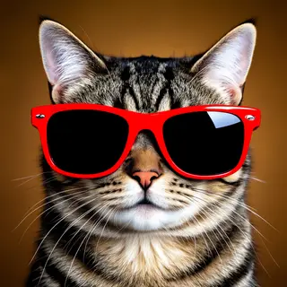 A tabby cat wearing oversized red sunglasses