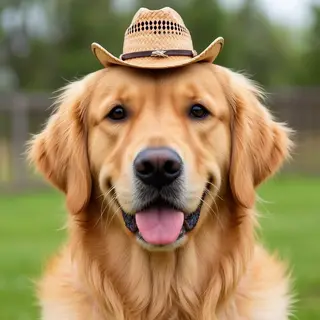 A golden retriever wearing a tiny cowboy hat
