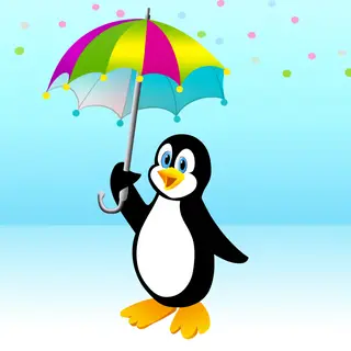 A penguin holding a colorful umbrella
