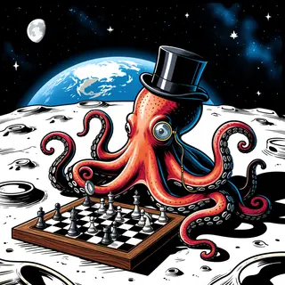 An octopus wearing a top hat and monocle playing chess on th