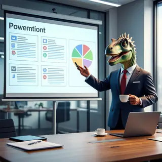A dinosaur in a business suit giving a PowerPoint presentati