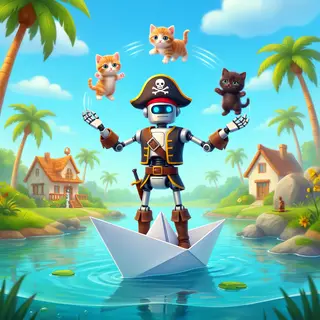 A robot dressed as a pirate sailing a paper boat on a lake o