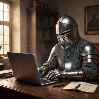 A medieval knight in full armor sitting at a desk typing on 