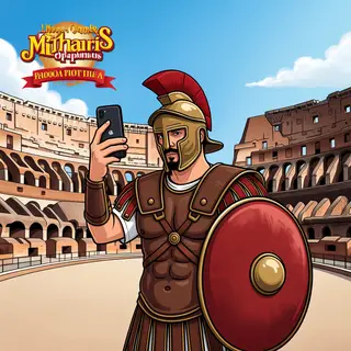 A Roman gladiator taking a selfie with a smartphone in the C