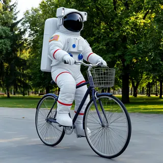 An astronaut in a spacesuit riding a bicycle through a park
