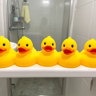 Exactly 5 yellow rubber ducks sitting in a row on a bathroom