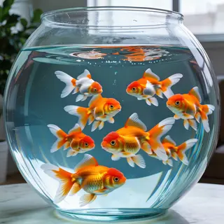 Exactly 9 goldfish swimming in a large round fishbowl