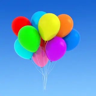 Exactly 11 colorful balloons floating against a clear blue s