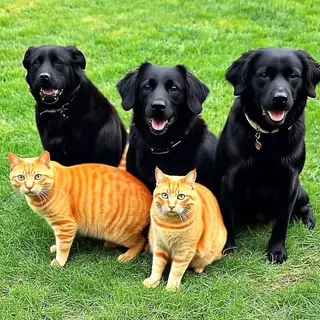 2 orange cats and 3 black dogs sitting together on a grassy 