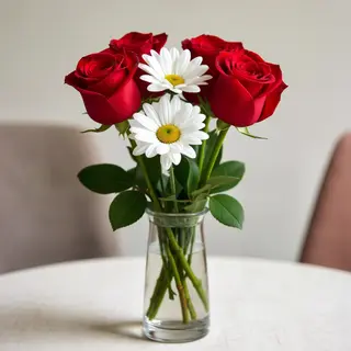 4 red roses and 2 white daisies in a glass vase on a table