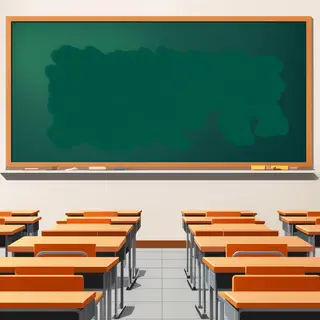 A classroom with desks and a chalkboard but no students