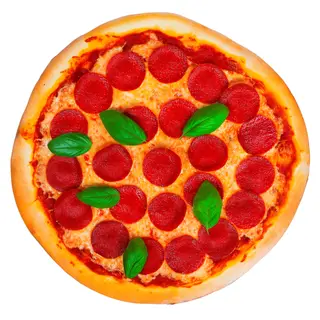 A pepperoni pizza with tomato sauce, basil, and crust but ab