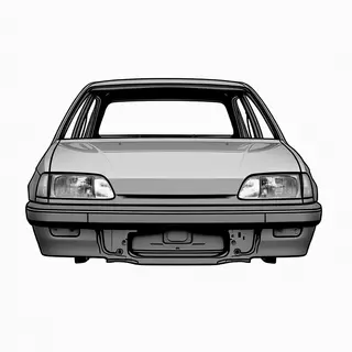 A car body with windows, doors, and headlights but no wheels