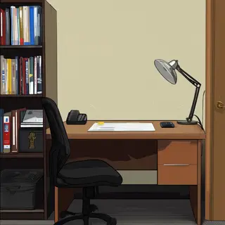 An office workspace with a desk, chair, bookshelf, and lamp 