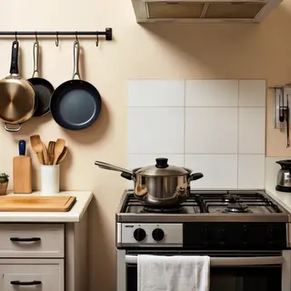 A kitchen with pots, pans, a stove, and a cutting board but 