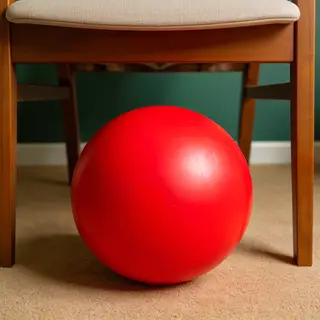 A red ball underneath a wooden chair
