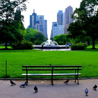 A city park with a park bench and pigeons in the foreground,