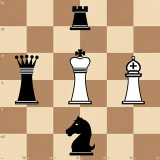 Five chess pieces on a board: a king in the center, a queen 