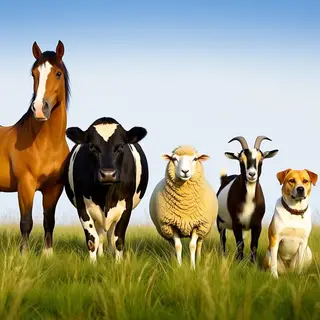 Five animals in a field: a horse on the far left, a cow to t
