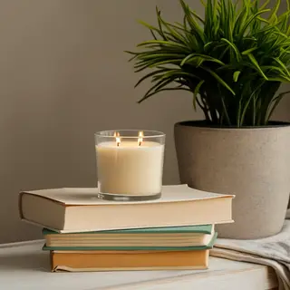 A candle on top of a stack of books, the books next to a pot